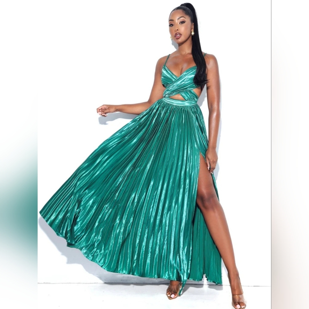 Emerald Green High Slit Satin Maxi Dress